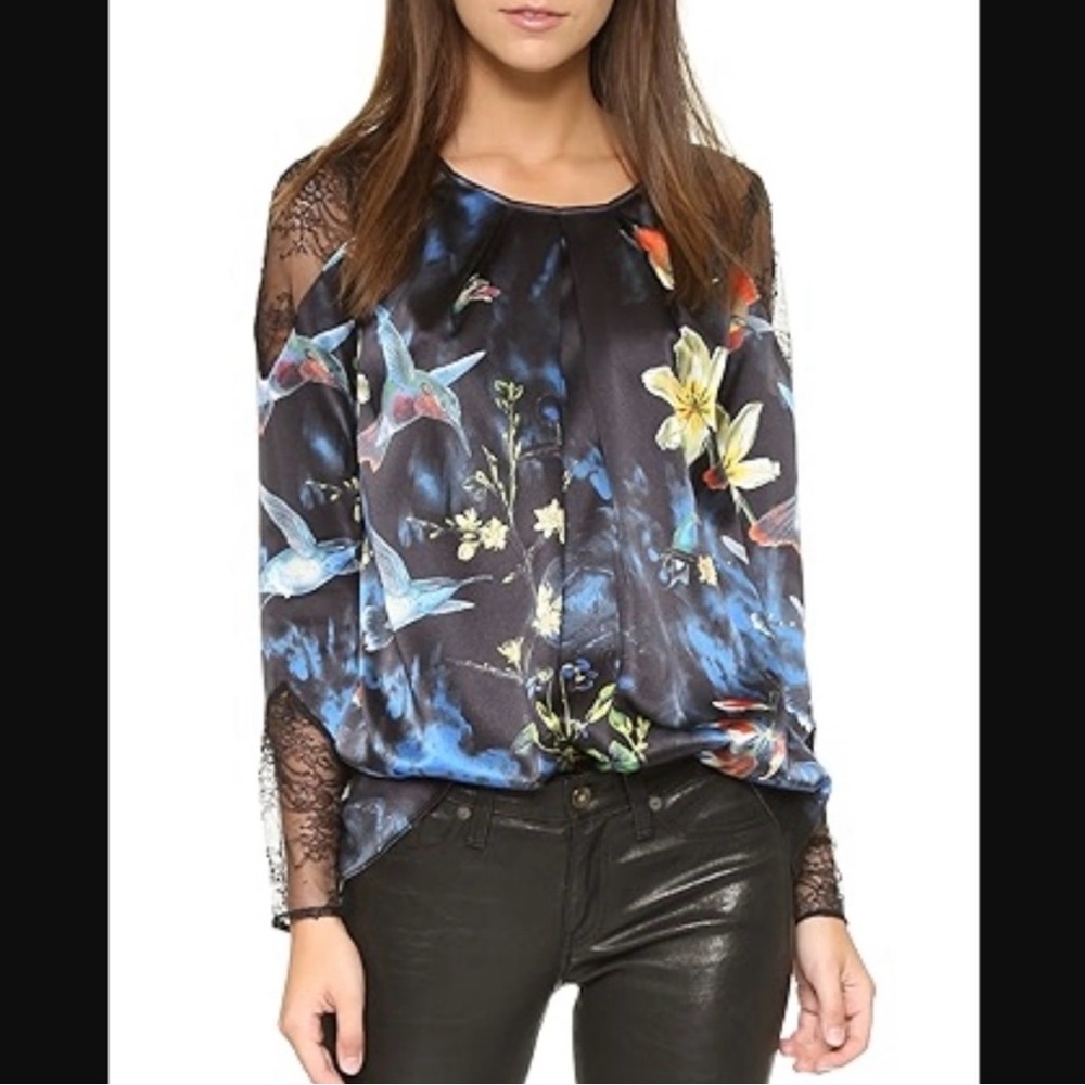 Alice + Olivia Alejandro Hummingbird Blouse Silk and Lace - Size M